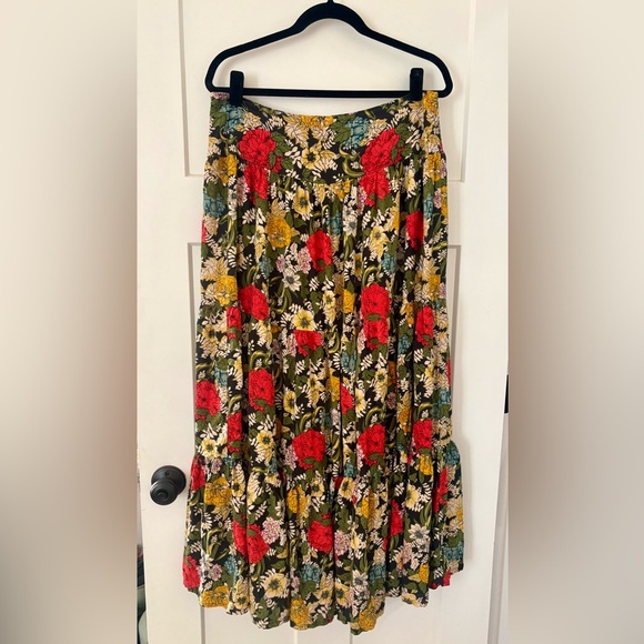 NATURAL LIFE Dresses & Skirts - NATURAL LIFE Olive Floral Maxi Skirt with Red & Yellow Blooms